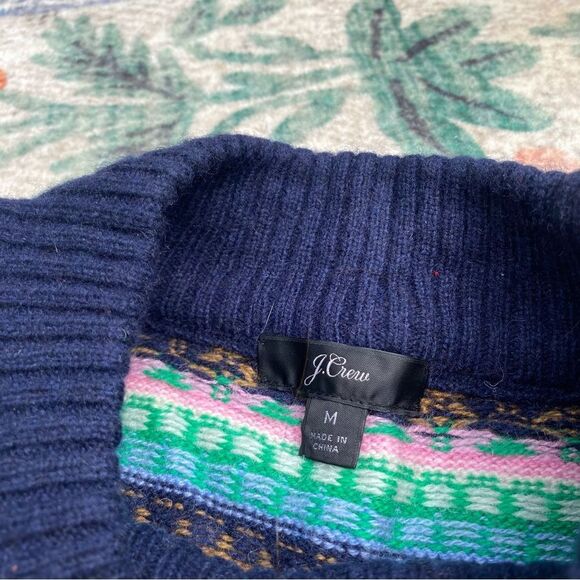 J. Crew Mock Neck Fair Isle Sweater M Medium Pink Navy Blue Green Brown - Picture 3 of 6